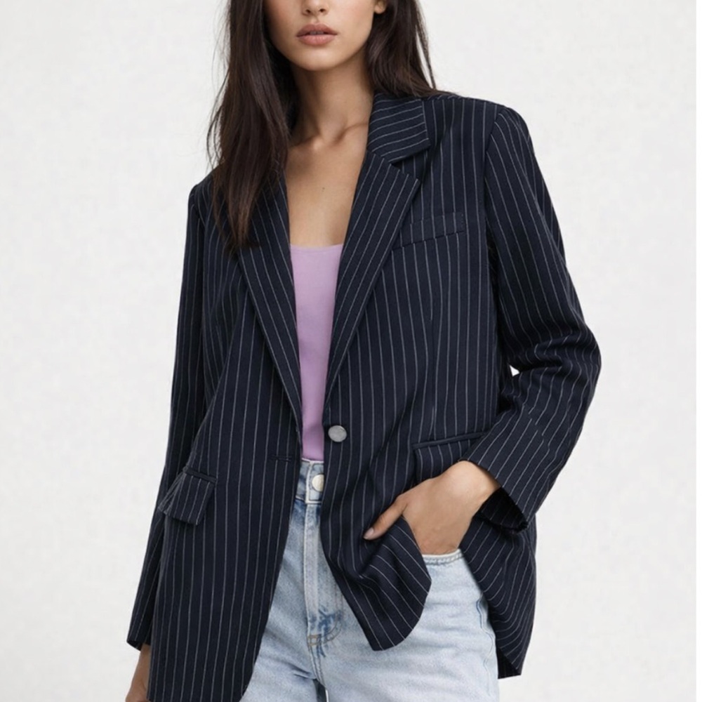 NVLT Pinstripe Boyfriend Blazer in Black